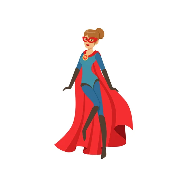 Superhéros femme personnage en costume bleu avec cape rouge vecteur de dessin animé Illustration — Image vectorielle