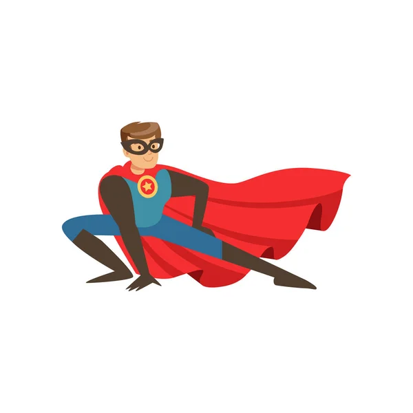 Superhéros homme personnage habillé en costume bleu avec cape rouge atterrissage vecteur de dessin animé Illustration — Image vectorielle