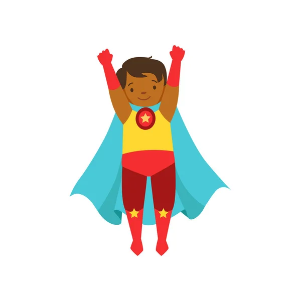 Kleiner Junge als Superheld gekleidet, der mit erhobenen Händen auf einem Cartoon-Vektor steht — Stockvektor