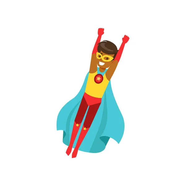 Afro-américain garçon personnage habillé comme un super héros volant dans la pose héroïque traditionnelle vecteur de dessin animé Illustration — Image vectorielle