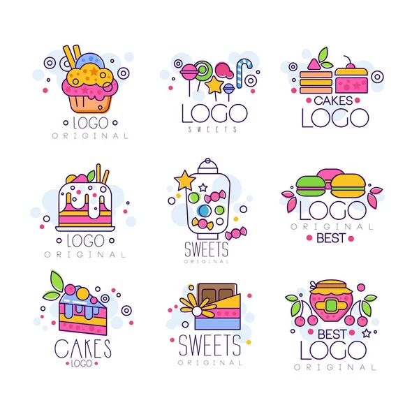 Snoep logo set, zoetwaren en bakkerij producten vector illustraties — Stockvector