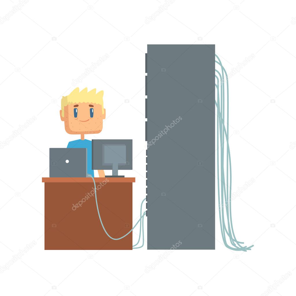 Network engineer administrator working in data center using computer