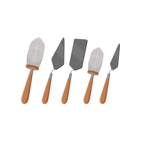 Verschiedene Werkzeuge für archäologische Ausgrabungen. große und kleine Bürste, drei verschiedene Kellen aus Edelstahl. Instrumente mit Holzgriffen. flache Vektorkonstruktion — Stockvektor