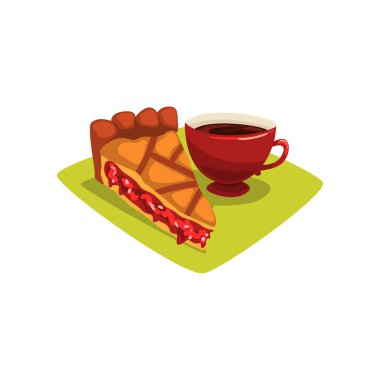 Ev yapımı böğürtlenli turta ve kahve yeşil tablo-peçete üzerinde lezzetli parçası. Lezzetli breakfast kavramı. Tatlı yemek pişirdim. Çizgi film düz vektör tasarımı