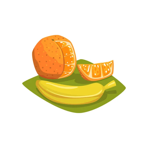 Naranja con pieza cortada y plátano maduro en servilleta de mesa verde. Frutas frescas. Desayuno saludable y delicioso. Buenos días concepto. Dibujos animados plano vector de diseño — Vector de stock
