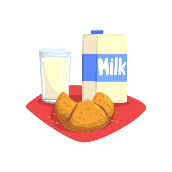 Transparant glas van verse melk en zoete croissant op rode tabel-servet. Gezond en lekker ontbijt. Eten en drinken concept. Cartoon platte vector design — Stockvector