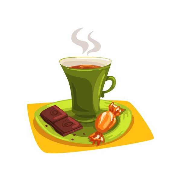 Xícara de desenho animado de chá quente no pires com doces e pedaço de chocolate. Delicioso pequeno-almoço. Bom dia, conceito. Design vetorial plano para menu de restaurante ou café — Vetor de Stock