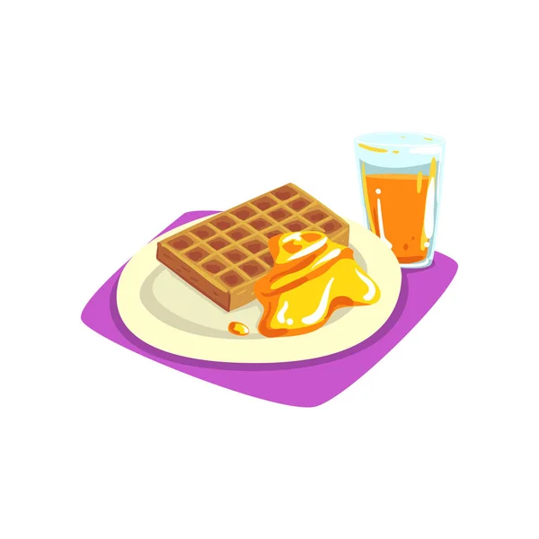 Gofres belgas con miel en plato y zumo de naranja recién exprimido. Desayuno sabroso y dulce. Buenos días concepto. Dibujos animados plano vector de diseño — Vector de stock