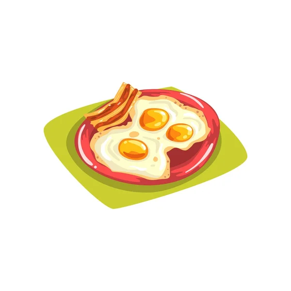 Huevos de dibujos animados con tocino en plato rojo. Desayuno americano tradicional. Buenos días. Elemento vectorial plano para impresión, tarjeta, folleto o menú infantil — Archivo Imágenes Vectoriales