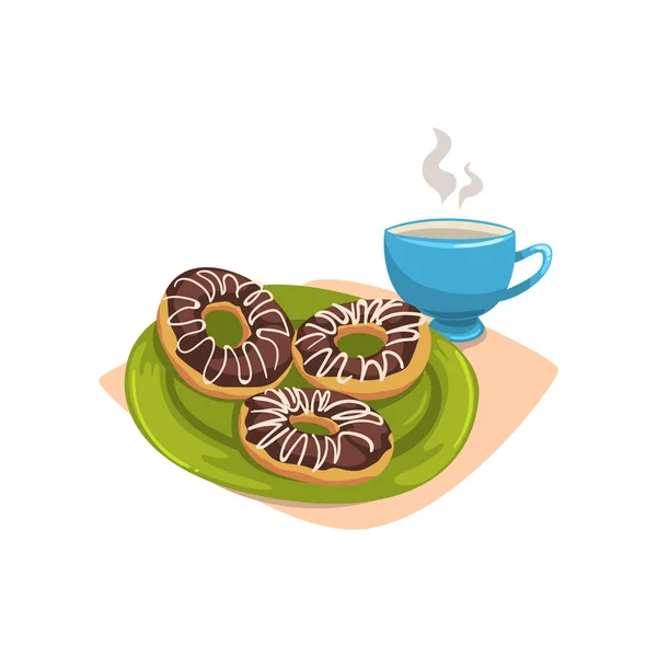 Donut mit Schokoladenglasur auf grünem Teller und einer Tasse heißem Kakao oder Tee. Leckeres Frühstück. süßes Dessert. Guten Morgen. Cartoon flache Vektor-Design — Stockvektor