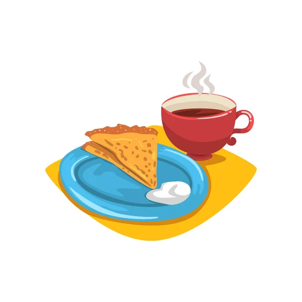 Pfannkuchen mit saurer Sahne, in Dreieck auf Teller und Becher mit heißem Kaffee gefaltet. gesundes und leckeres Dessert. Frühstück. Essen und Trinken. Cartoon flache Vektor-Design — Stockvektor