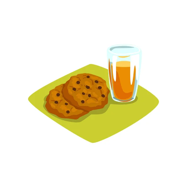 Leckere Kekse mit Schokoladenchips und einem Glas frisch gepressten Orangensaft. Süßes Essen und Trinken. Appetitlich frühstücken. Cartoon flache Vektor-Design — Stockvektor