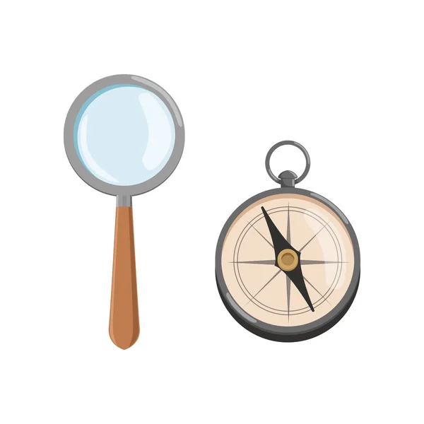 Icon of magnifying glass loupe with wooden handle and compass. Archeology symbols. Flat vector design for web site or mobile application — Stock Vector