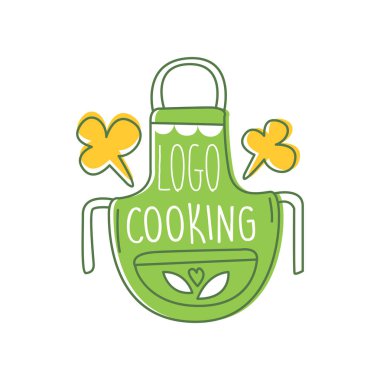 Logo tasarım sevimli yeşil önlük ve yazı ile yemek. Yaratıcı mutfak satır etiketi kafe, ev yemekleri, teslim Servisi. Beyaz arka plan üzerinde vektör çizim.