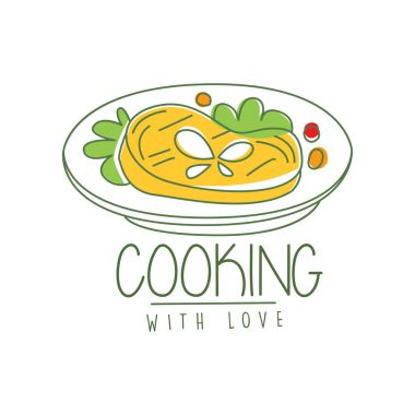 El mutfak logo özgün tasarımı lezzetli yemek ile çekilmiş. Etli yeşil ve sebzeler. Satır etiket ya da simge Cafe menü, Aşçılık Okulu için. Beyaz vektör.