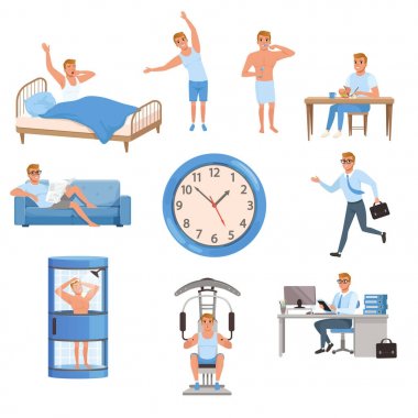 Adam farklı durumlarda. Gündüz. Uyanma, egzersizleri yapıyor, diş fırçalama, yeme, Divan, duş, spor salonunda, eğitim çalışmaları, çalışan dinlenme çalışma. Düz vektör
