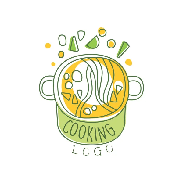 手は、鍋に野菜とスープと料理ロゴデザイン オリジナルを描いた。カフェ、デリバリー サービス、レストランの行ラベルです。白のベクター. — ストックベクタ