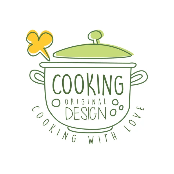 Abstracte hand getekend originele culinaire logo-ontwerp met steelpan en koken met liefde belettering. Regellabel voor voedsel studio, huis keuken of café. Vector op wit. — Stockvector