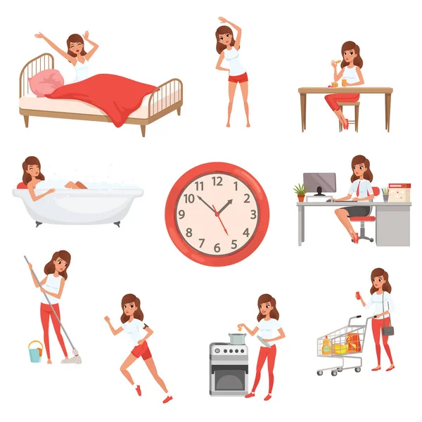 Linda chica joven en diferentes situaciones. Es de día. Despertarse, hacer ejercicios físicos, desayunar, bañarse, trabajar, limpiar la casa, cocinar y hacer compras. Vector plano — Archivo Imágenes Vectoriales