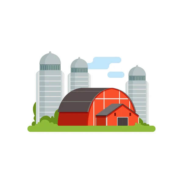 Agrarische silo torens en rode schuur, landschap leven object vector illustratie — Stockvector