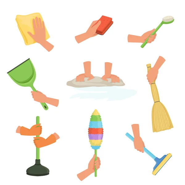 Colorful set of human hands using rag, dust brush, mop, broom, scoop and plunger. Equipment for cleaning house or car. Cartoon flat vector design — Stock Vector