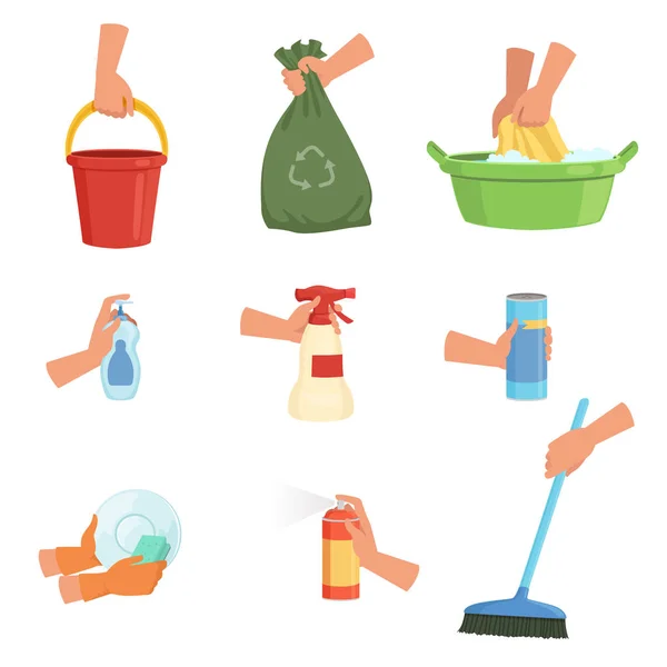 Набор человеческих рук и чистящих средств. Ведро, мешок для мусора, губка для мытья посуды, моющее средство, пластиковый умывальник, освежитель воздуха, жидкое мыло, щетка. Плоский векторный дизайн — стоковый вектор