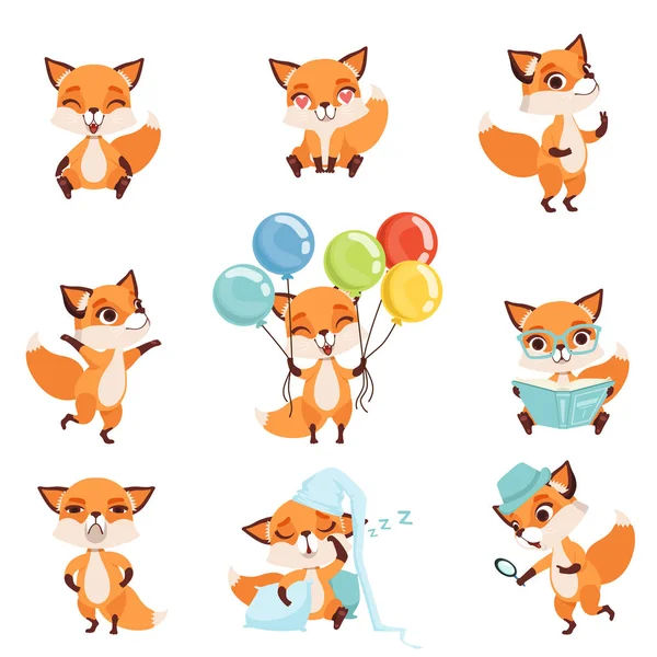 Cute red foxes showing various emotions and actions. Laughing, sitting, walking, dancing, sleeping, reading, angry, holding colorful balloons. Flat vector design — Stock Vector