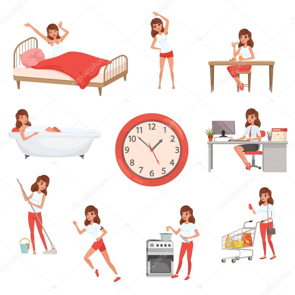 Cute young girl in different situations. Day time. Waking up, doing physical exercises, eating breakfast, taking bath, working, cleaning house, cooking and shopping. Flat vector