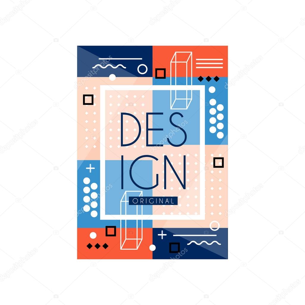 Abstract card with geometric ornament. Colorful pattern in trendy memphis style. Place for text. Modern vector design for poster, cover, print or banner