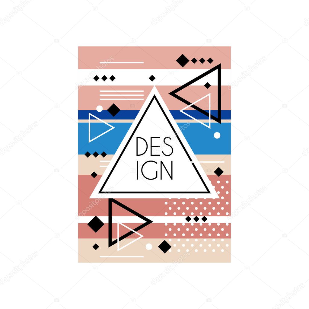 Abstract poster in memphis style. Chaotic geometric ornament with different shapes. Triangular frame with place for text. Vector design for card, cover or banner