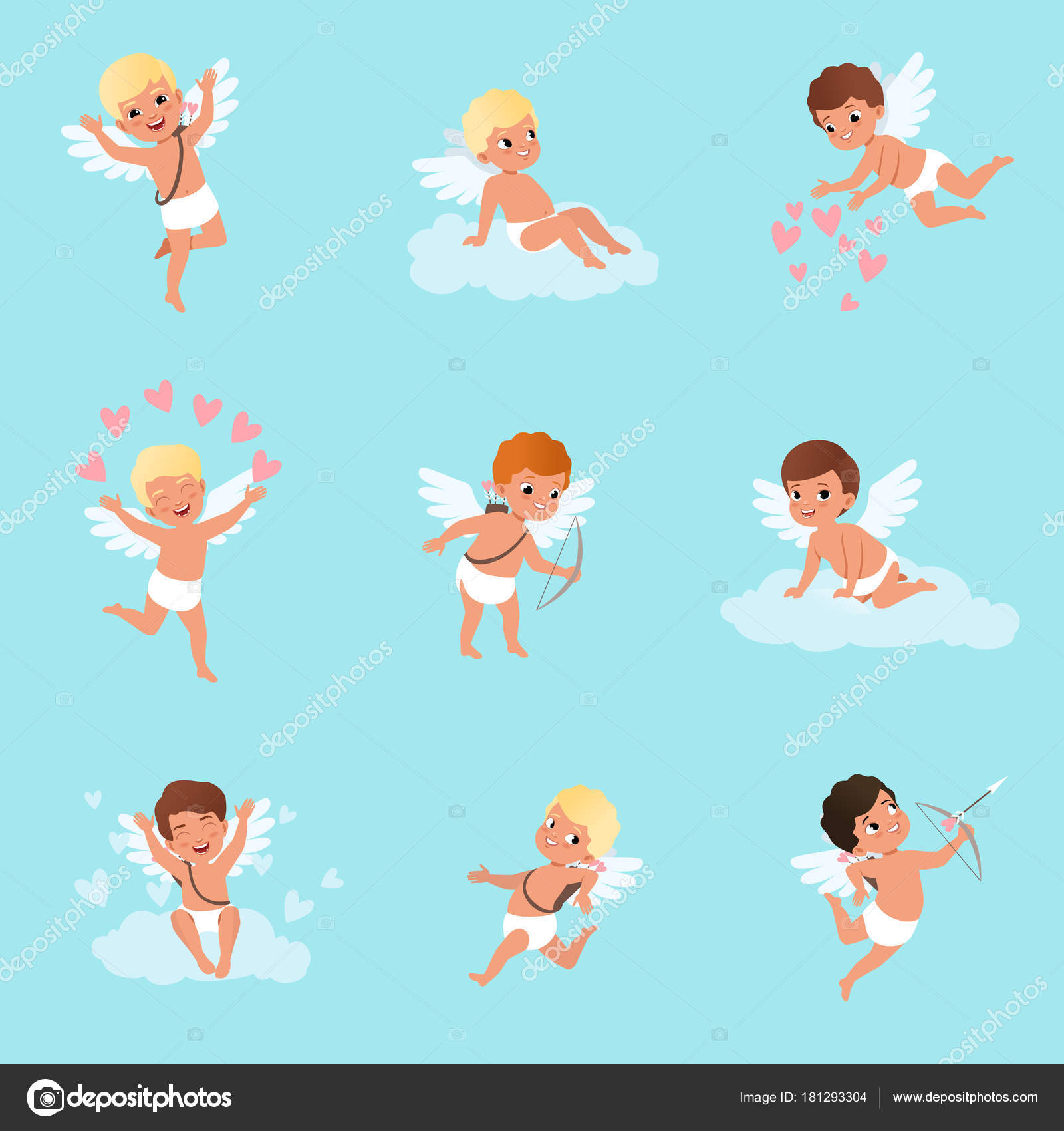 Insieme dei ragazzi di cupido sveglio in diverse azioni Volare seduta sulle nuvole