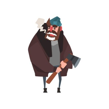 Oduncu karakter elinde baltayla ayakta. Oduncu kazak, sıcak ceket, şapka ve kot pantolon. Donmuş sakallı adam karakter karikatür. Düz vektör tasarımı