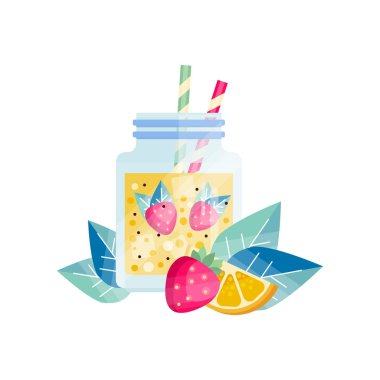 Limon-çilek kokteyli ile cam kavanoz. Suyu yenileniyor. Buz küpleri ve içme payet ile vejetaryen güler yüzlü. Lezzetli ve sağlıklı içecek. Düz vektör tasarımı
