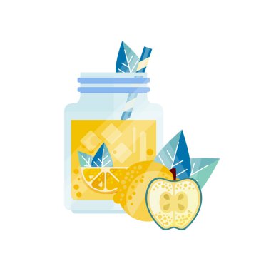 Cam Kavanoz elma limon kokteyl ile buz küpleri ve içme saman. Organik ve sağlıklı güler yüzlü. Serinletici içecek. Doğal ve sağlıklı içecek. Düz vektör tasarımı