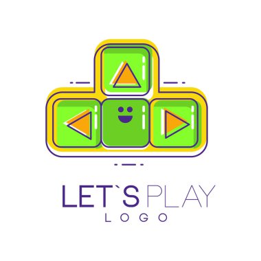 Creative joystick with buttons. Emblem of gamepad in line style with green and yellow fill. Vector logo design for mobile app, developer company or device store clipart