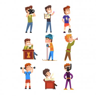 Young teenagers hobby set. Cartoon kids characters. Collecting stamps, football, chess, photography, sports, diving, playing trumpet, poetry. Flat vector