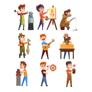 People hobby set. Cartoon male characters. Sculpturing, painting, fishing, hunting, playing guitar, gardening, playing darts. Flat vector on white. clipart