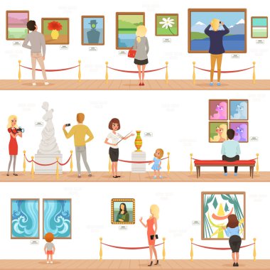 Sevimli çizgi ziyaretçiler ve Kılavuzu karakterlerine Sanat Müzesi'nde. Resim ve Heykel Sergisi Galeri insanlara hayranlık duyuyorum. Dikey düz afiş. Vektör çizim.