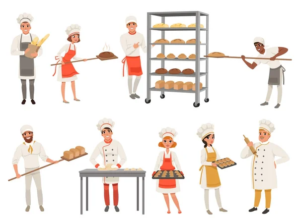 Personagens de padeiros definidos com pão e ferramentas de cozinha. Pessoas felizes em aventais e chapéus, homens e mulheres jovens de uniforme trabalhando na padaria. Vetor isolado em branco . — Vetor de Stock