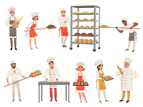 Bakers characters set with bread and cooking tools. Happy people in aprons and hats, young men and women in uniform working in bakery. Vector isolated on white.