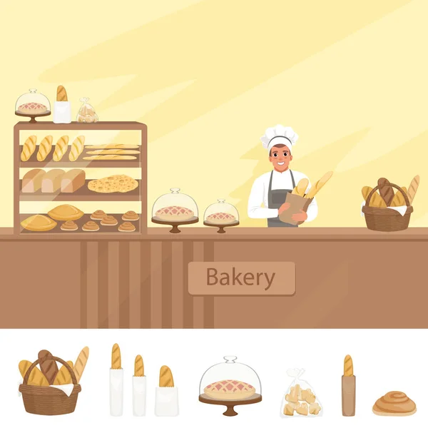 Illustrazione del panificio con il carattere del panettiere accanto a una vetrina con pasticcini. Un giovanotto dietro il bancone. Vector store sfondo con elementi di design impostati . — Vettoriale Stock