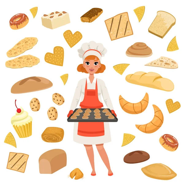 Krásná žena baker s pekáč s cookies. Kreslený ženská postava v práci. Pekárenské výrobky a pečivo sada izolovaných na bílém. Plochý vektor — Stockový vektor