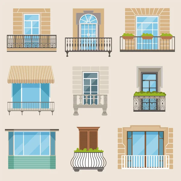 Set van kleurrijke prachtige balkons. Vintage, moderne en decoratieve gesmede balkons. Platte vectorillustraties, het platform buitenkant gebouw ontwerpelement. — Stockvector