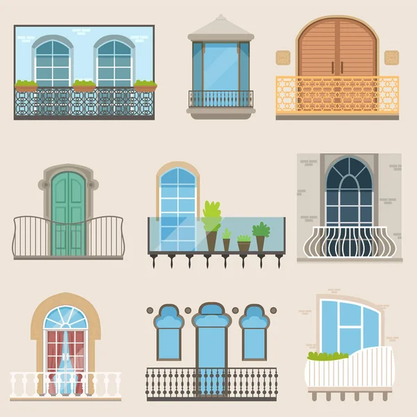 Balcón detallado ambientado en diferentes estilos. Balcones forjados clásicos, modernos y decorativos. Vector plano de dibujos animados, elementos de construcción de arquitectura aislados — Archivo Imágenes Vectoriales