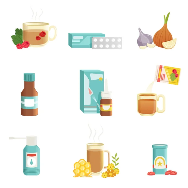 Σετ εικονιδίων γρίπη. Εναλλακτικές και παραδοσιακές θεραπείες. Τσάι με χάπια, κρεμμύδια, βατόμουρα, σιρόπι, μύτη σταγόνες, ποτό με βότανα και μέλι, σπρέι λαιμό. Επίπεδη διάνυσμα — Διανυσματικό Αρχείο