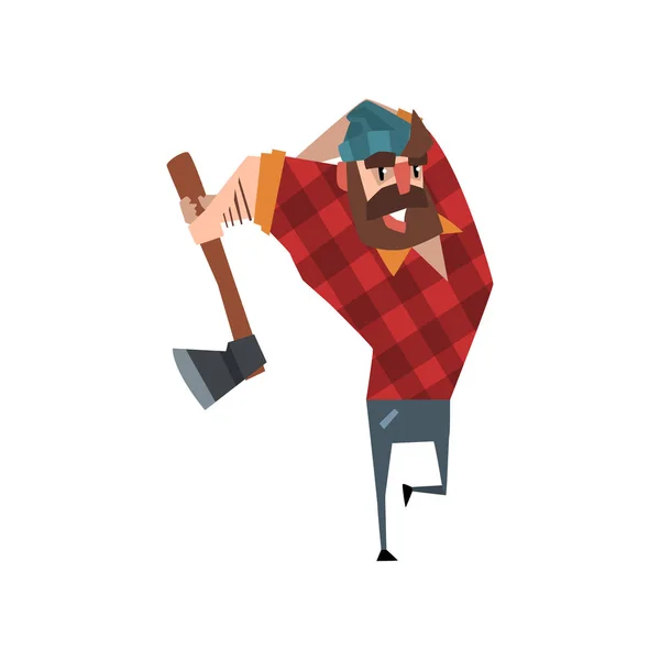 强壮的樵夫挥动斧头。大胡子伐木工卡通人物的红色格子衬衫蓝色牛仔裤和帽子。森林工人。彩色平面矢量设计 — 图库矢量图片