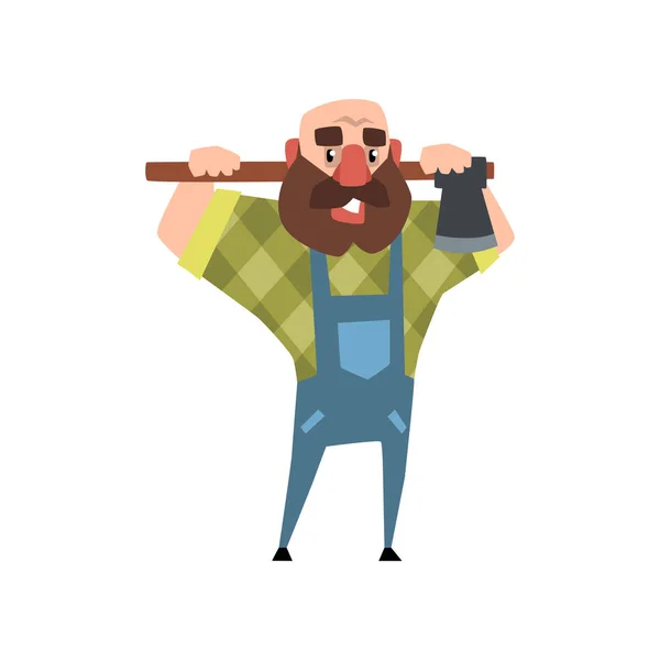 Καρτούν χαρακτήρα του γενειοφόρος άνδρας με τσεκούρι. Αστεία φαλακρός ξυλοκόπος. Χαμογελαστός άνθρωπος σε ολόσωμη φόρμα μπλε και πράσινο καρώ πουκάμισο. Πολύχρωμο διάνυσμα επίπεδη σχεδίαση — Διανυσματικό Αρχείο