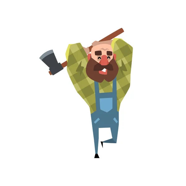 快乐的大胡子樵夫用斧头干活。卡通光头男子绿格子衬衫和蓝色工作服。有大棕胡子的滑稽樵夫。平面矢量设计 — 图库矢量图片