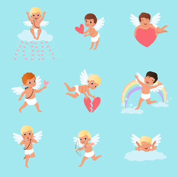 Set of little cupids in different actions. Cartoon boys characters with white wings. Mythical archers. Angels of love. Flat vector design for greeting card or sticker — Stock Vector