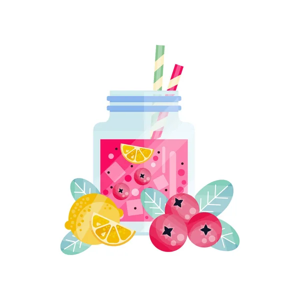 Frullato di Cowberry-limone in vaso di vetro con cubetti di ghiaccio e cannucce. Cocktail vegetariano rinfrescante. Bevanda saporita. Succo biologico e sano. Design vettoriale piatto — Vettoriale Stock